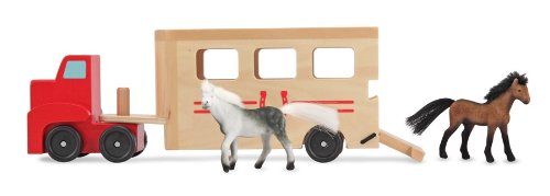 Melissa & Doug Horse Carrier Wooden Vehicle Play Set With 2 Flocked Horses and Pull-Down Ramp