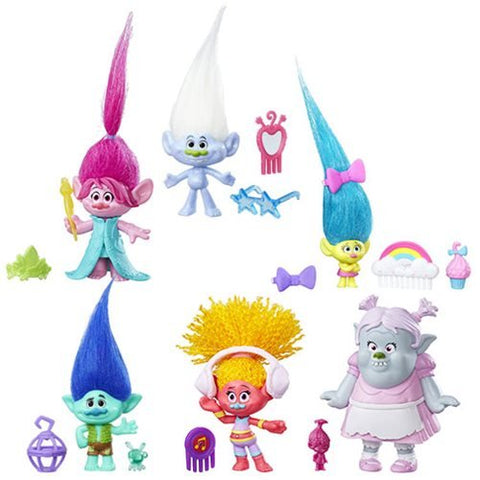 Set of 6: DreamWorks Trolls Small Town Collectible Mini Figures - Bridget, Smidge, DJ Suki, Queen Poppy, Branch, and Guy DIamond