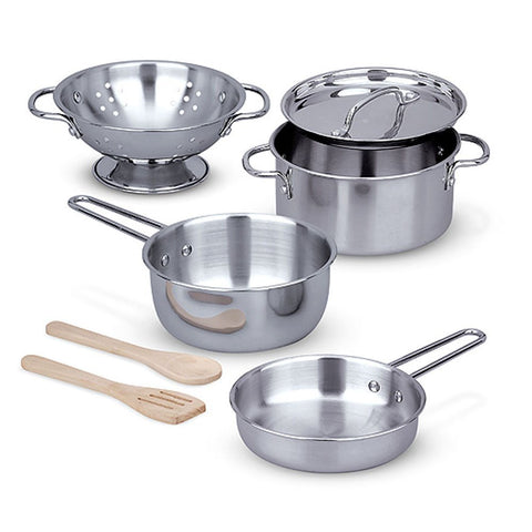 Melissa & Doug Stainless Steel Pots and Pans Pretend Play Kitchen Set for Kids (8 pcs)