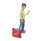Melissa & Doug 11 Piece Fill and Roll Grocery Basket Set with Play Food Boxes and Cans, Red/Blue