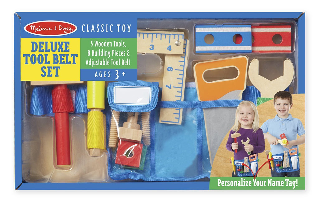 Melissa & Doug Deluxe Tool Belt Set - 5 Wooden Tools, 8 Building Pieces, Adjustable Belt