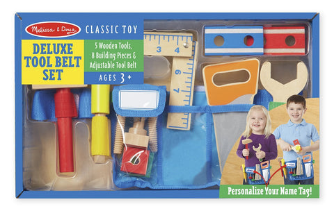 Melissa & Doug Deluxe Tool Belt Set - 5 Wooden Tools, 8 Building Pieces, Adjustable Belt