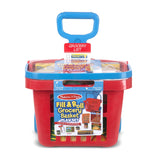 Melissa & Doug 11 Piece Fill and Roll Grocery Basket Set with Play Food Boxes and Cans, Red/Blue